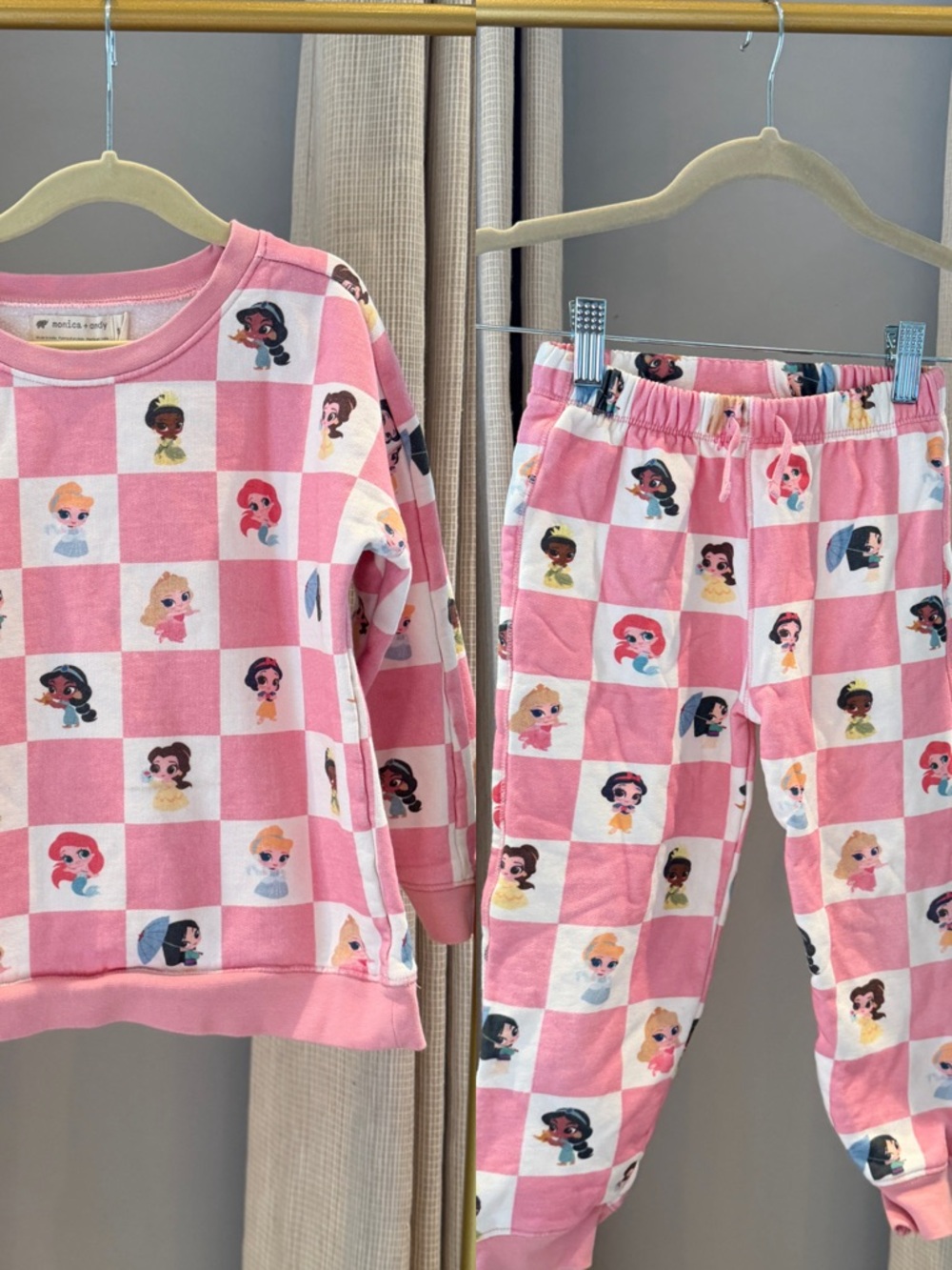 EUC Monica + Andy Kids Pink Disney Princess Checkered Sweat Set